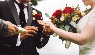 Bride puts wedding ring on groom's finger